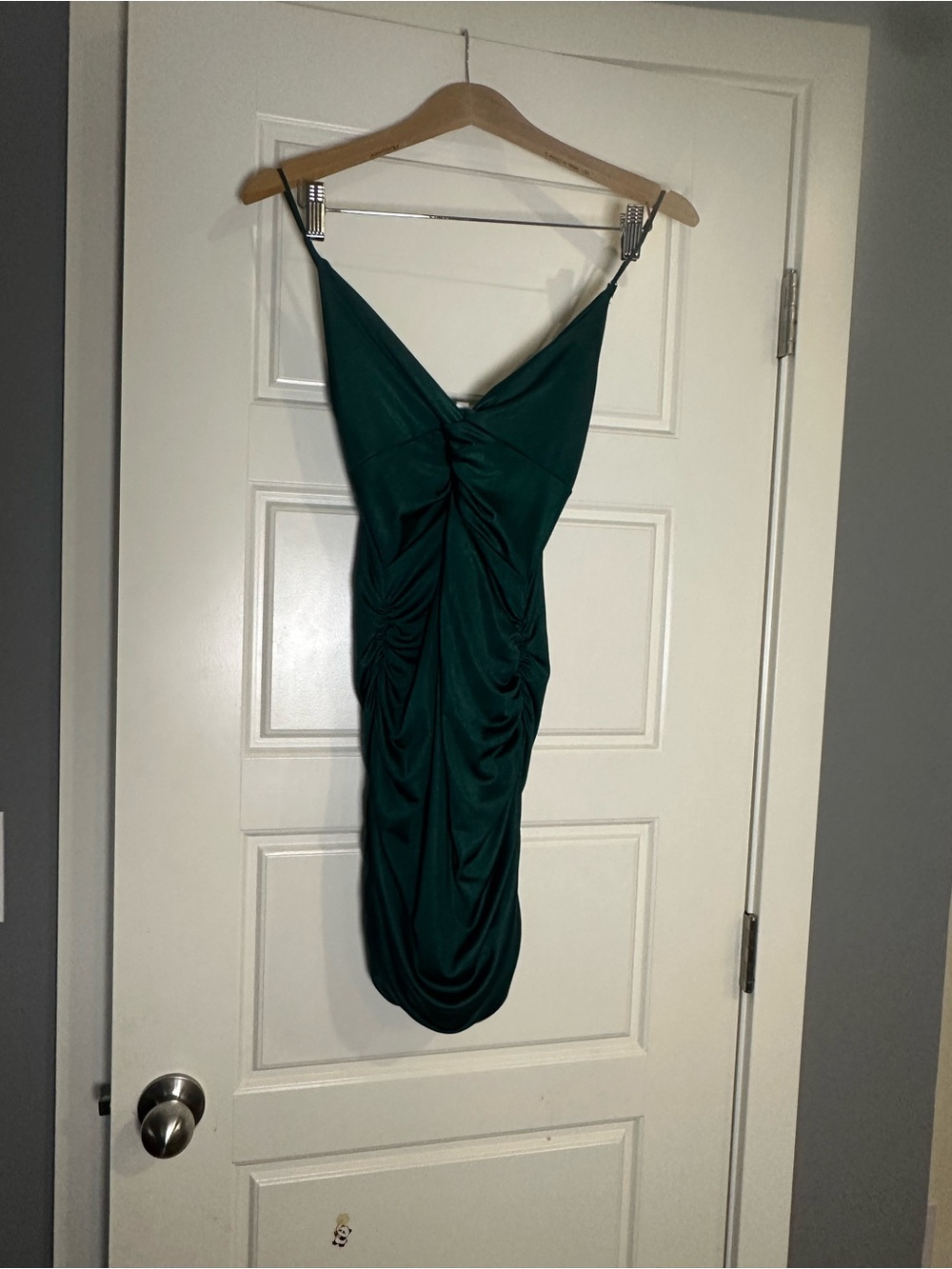 Lucy in the Sky Emerald Green Ruched V-Neck Mini Dress